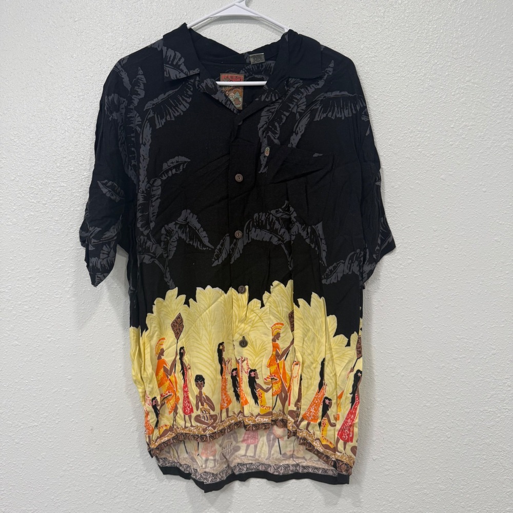 Pineapple Connection Mens Hawaiian Shirt Black Rayon Hula Dancers Tropical M
